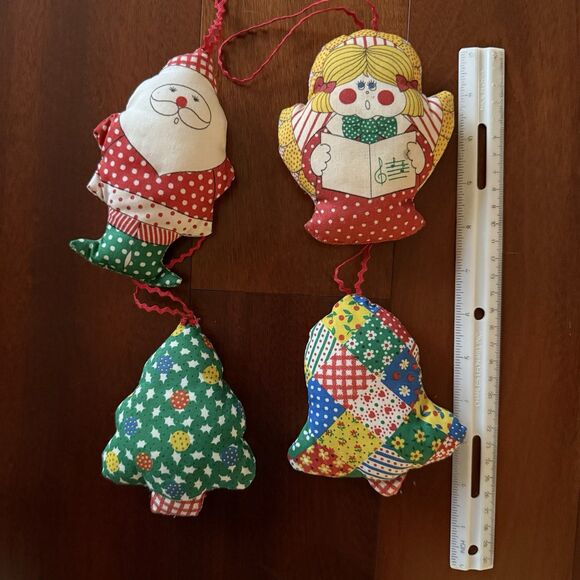 Vtg 70 Handmade Fabric Stuffed Christmas Ornament Lot of 4 Angel Santa Bell Tree - Picture 1 of 7